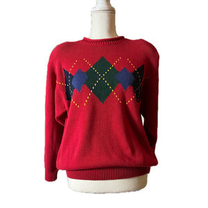 Lizsport Vintage 90s Red Argyle Sweater Old Money Prep Christmas Medium